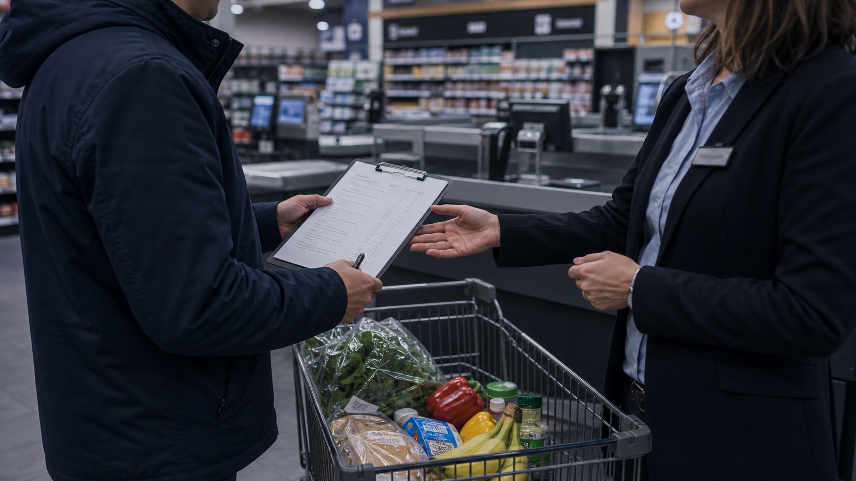 Mystery-Shopping Übergabe von Ware und Fragebogen im Kassenbereich
