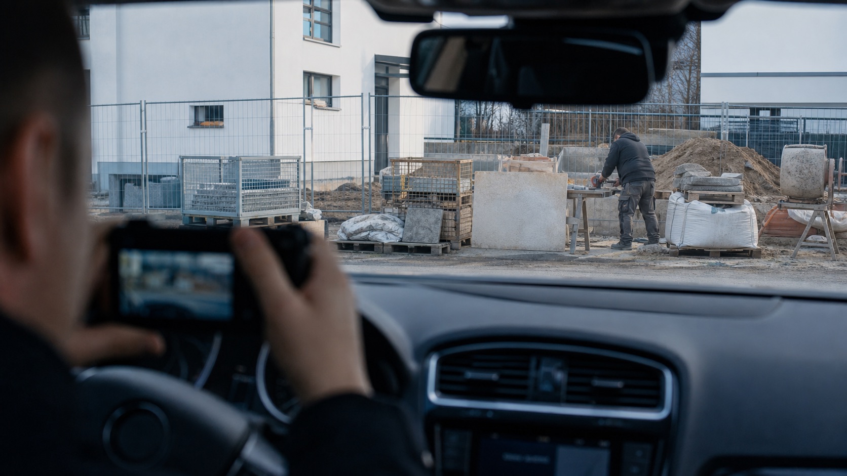 Diskrete Observation einer Baustelle aus einem Fahrzeug